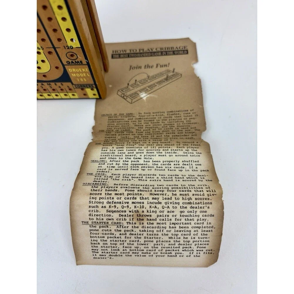 Vintage Drueke No 2050 Regulation Track Wood Cribbage Board Game Box Instruction